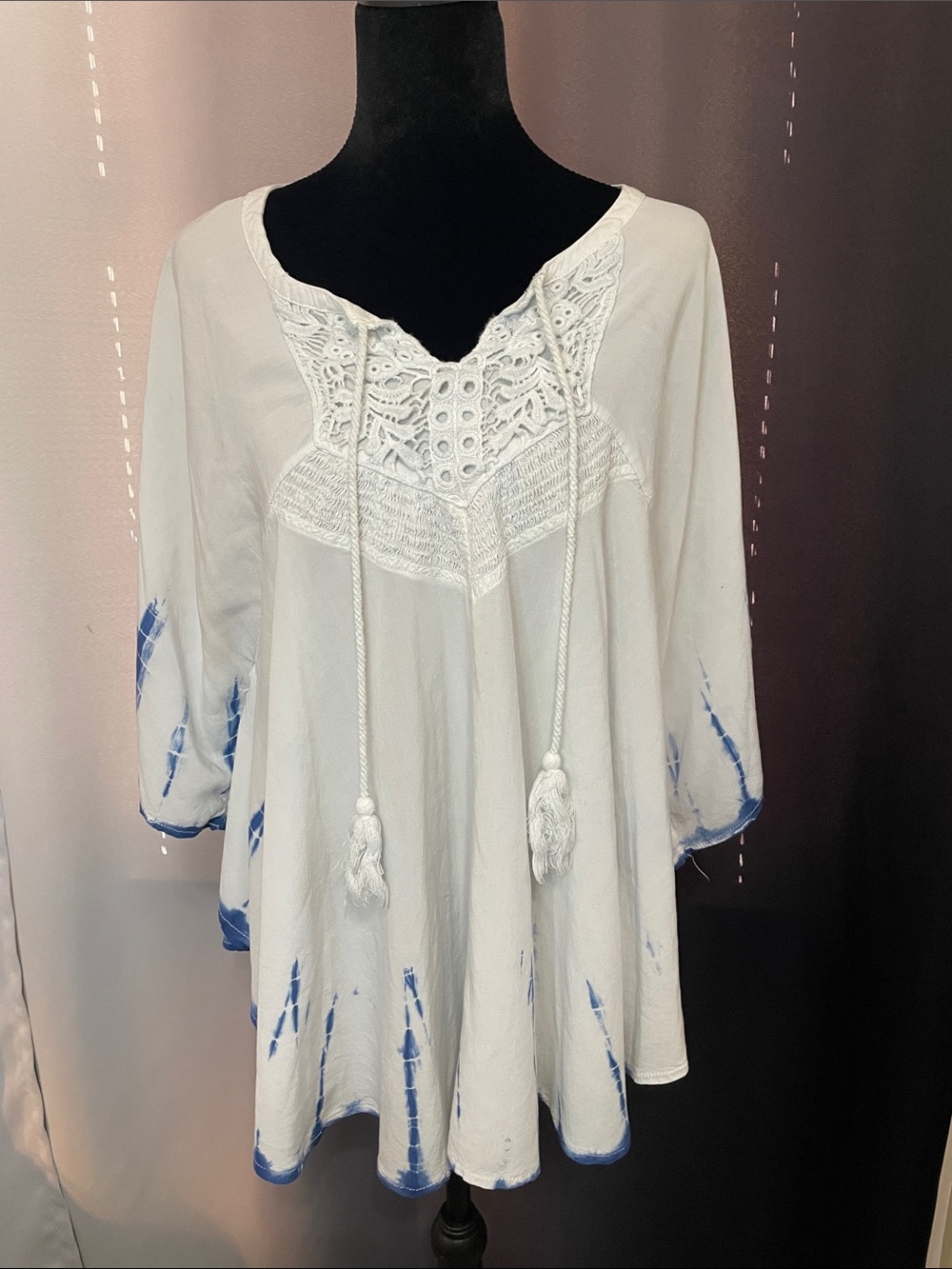 White Crochet Yoke Tie-Dye Tunic Top with Blue Accents